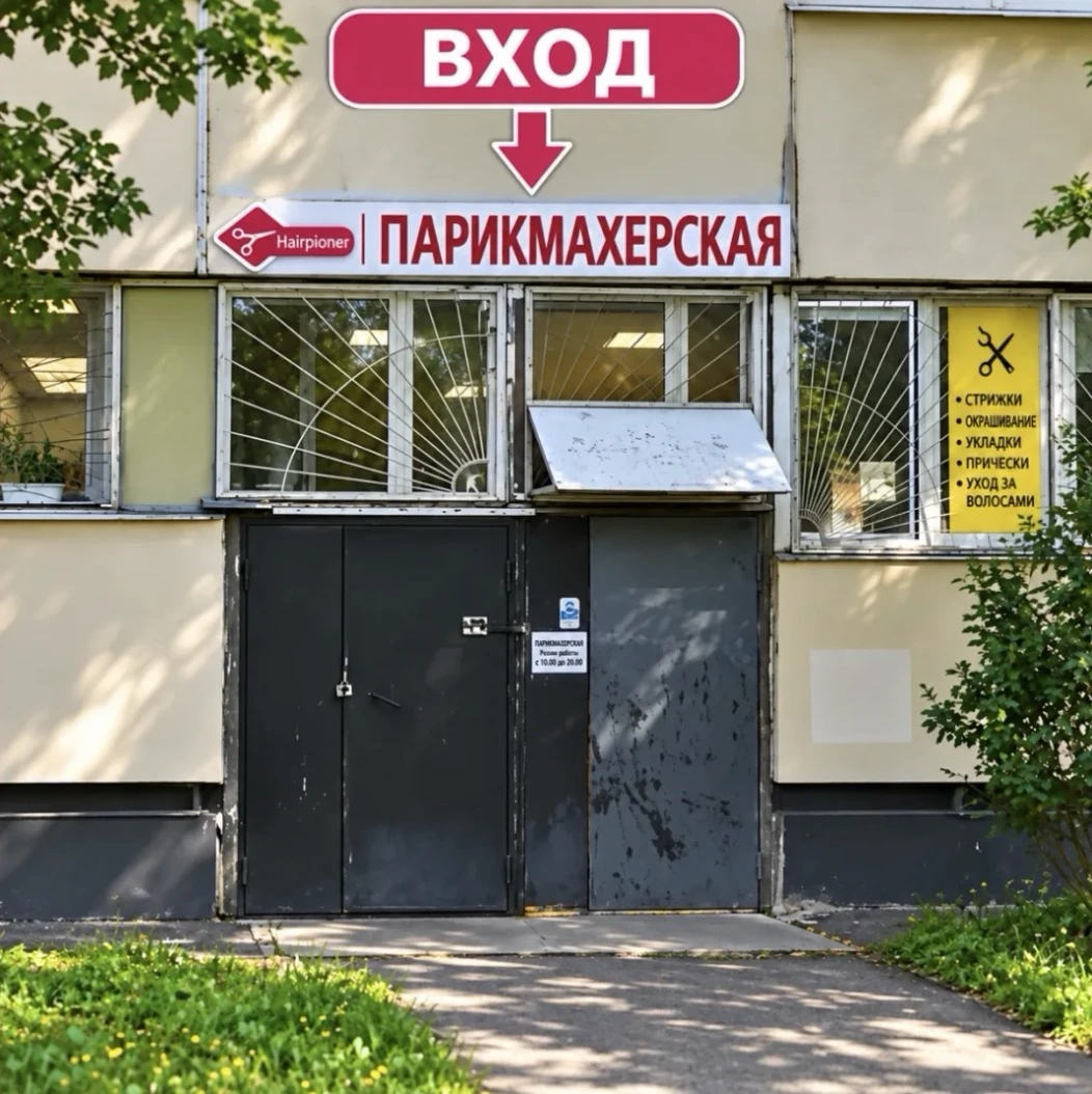 Вход в Hairpioner: серая дверь под металлическим козырьком, белая вывеска Hairpioner — Парикмахерская, жёлтый плакат справа