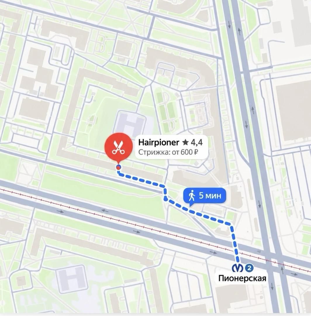 Пеший маршрут от метро Пионерская до Hairpioner в Санкт-Петербурге, проспект Испытателей, 11к1В, помещение 29Н